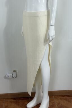 Mimosa Women’s Ivory Ribbed Knit Maxi Skirt Side Slit Stretch Bodycon Size L